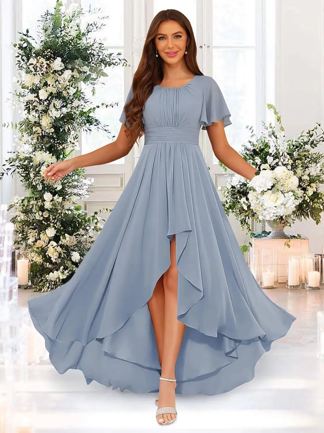 Loyeloy Women's Hi-Lo Bridesmaid Dresses with Pockets 2025 Round Neck Flutter Sleeves Aline Chiffon Formal Party Dress
