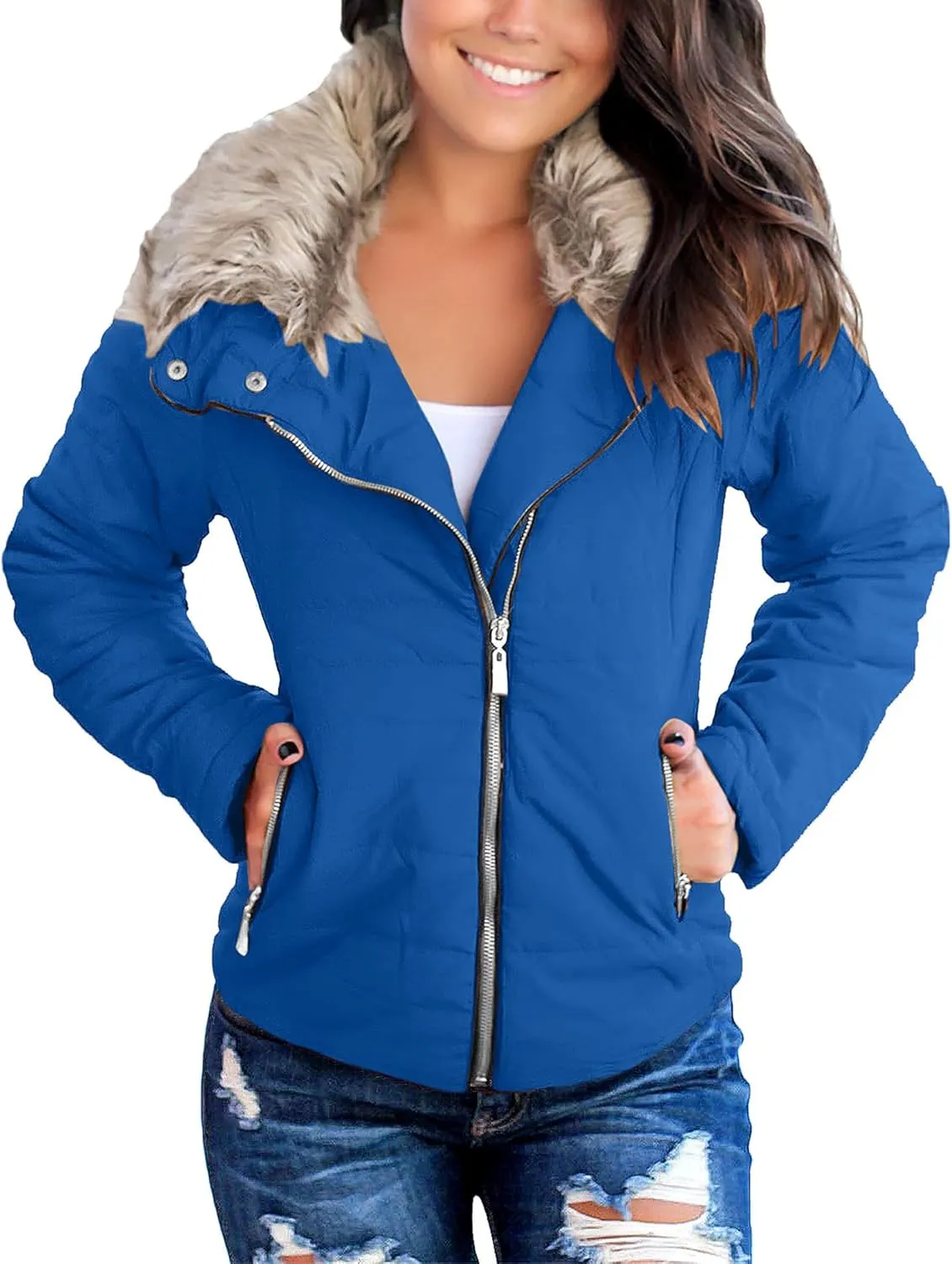 luvamia Women Casual Warm Winter Faux Fur Quilted Parka Lapel Zip Jacket Puffer Coat