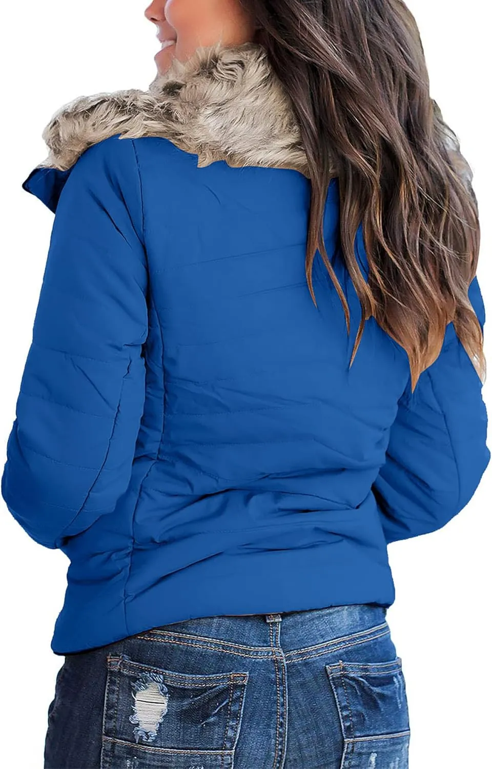 luvamia Women Casual Warm Winter Faux Fur Quilted Parka Lapel Zip Jacket Puffer Coat