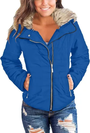 luvamia Women Casual Warm Winter Faux Fur Quilted Parka Lapel Zip Jacket Puffer Coat