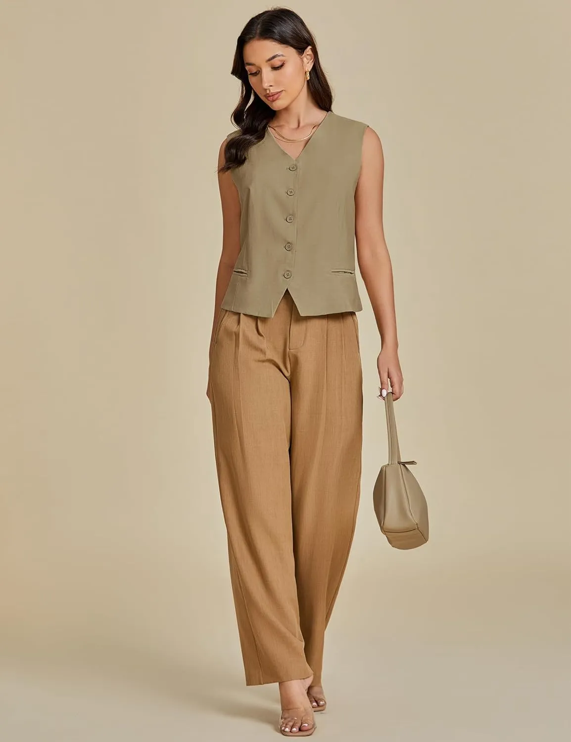 luvamia Womens Vests Linen Fashion Dressy Casual Lightweight Button Down Sleeveless Blazer Lined Work Waistcoat Vest Top