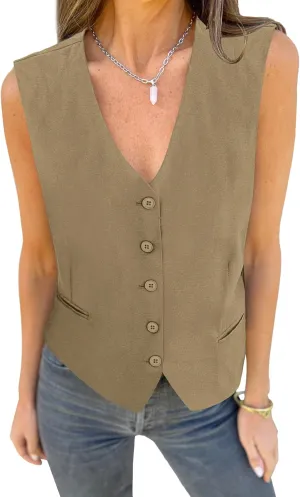 luvamia Womens Vests Linen Fashion Dressy Casual Lightweight Button Down Sleeveless Blazer Lined Work Waistcoat Vest Top