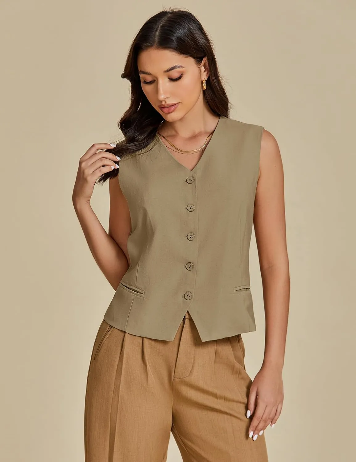luvamia Womens Vests Linen Fashion Dressy Casual Lightweight Button Down Sleeveless Blazer Lined Work Waistcoat Vest Top