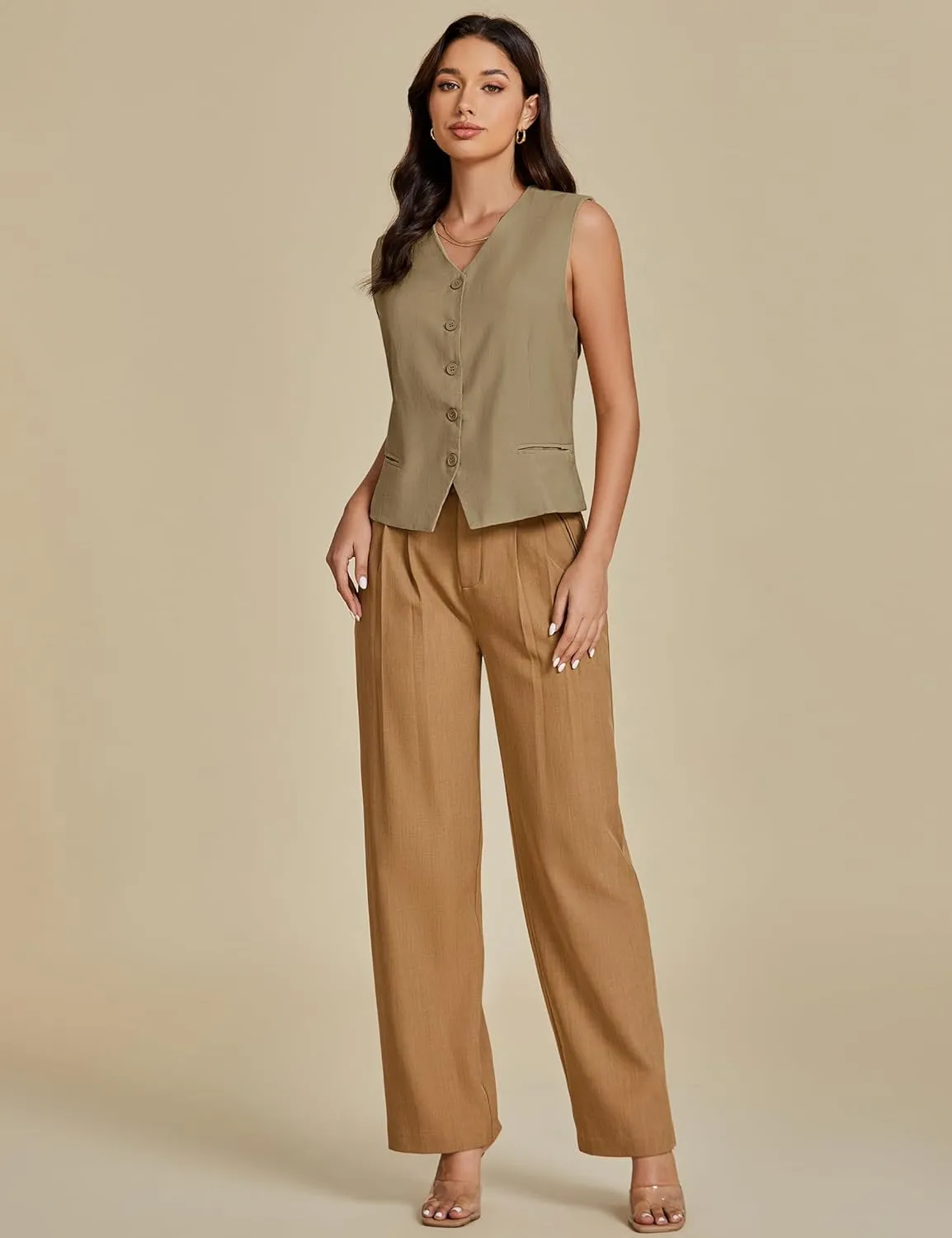 luvamia Womens Vests Linen Fashion Dressy Casual Lightweight Button Down Sleeveless Blazer Lined Work Waistcoat Vest Top