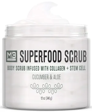 M3 Naturals Superfood Body Scrub with Collagen Stem Cell Exfoliating Face Scrub Body Exfoliator Fight Cellulite Fine-Lines Stretch Marks Spider Veins for Men Women Cucumber Aloe 12 oz