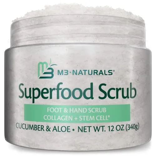 M3 Naturals Superfood Body Scrub with Collagen Stem Cell Exfoliating Face Scrub Body Exfoliator Fight Cellulite Fine-Lines Stretch Marks Spider Veins for Men Women Cucumber Aloe 12 oz