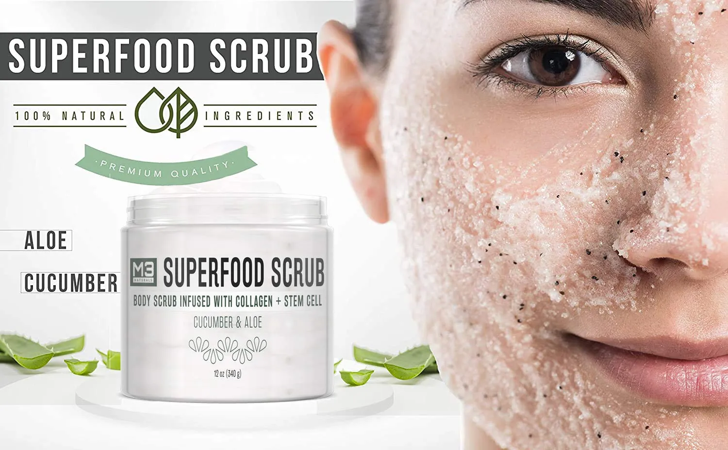 M3 Naturals Superfood Body Scrub with Collagen Stem Cell Exfoliating Face Scrub Body Exfoliator Fight Cellulite Fine-Lines Stretch Marks Spider Veins for Men Women Cucumber Aloe 12 oz