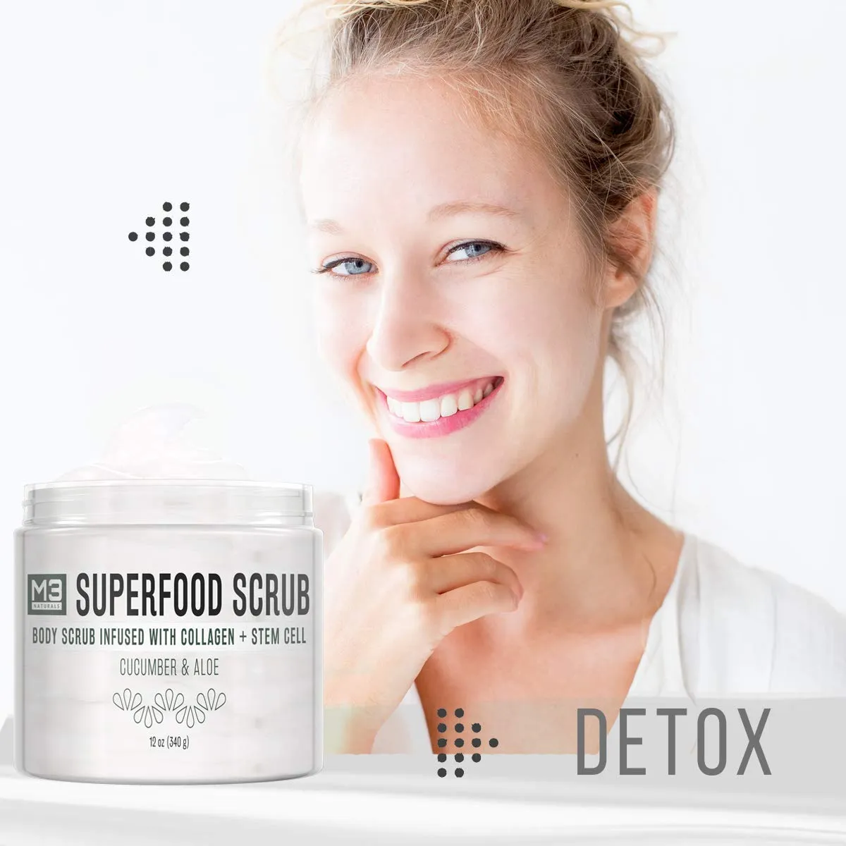 M3 Naturals Superfood Body Scrub with Collagen Stem Cell Exfoliating Face Scrub Body Exfoliator Fight Cellulite Fine-Lines Stretch Marks Spider Veins for Men Women Cucumber Aloe 12 oz