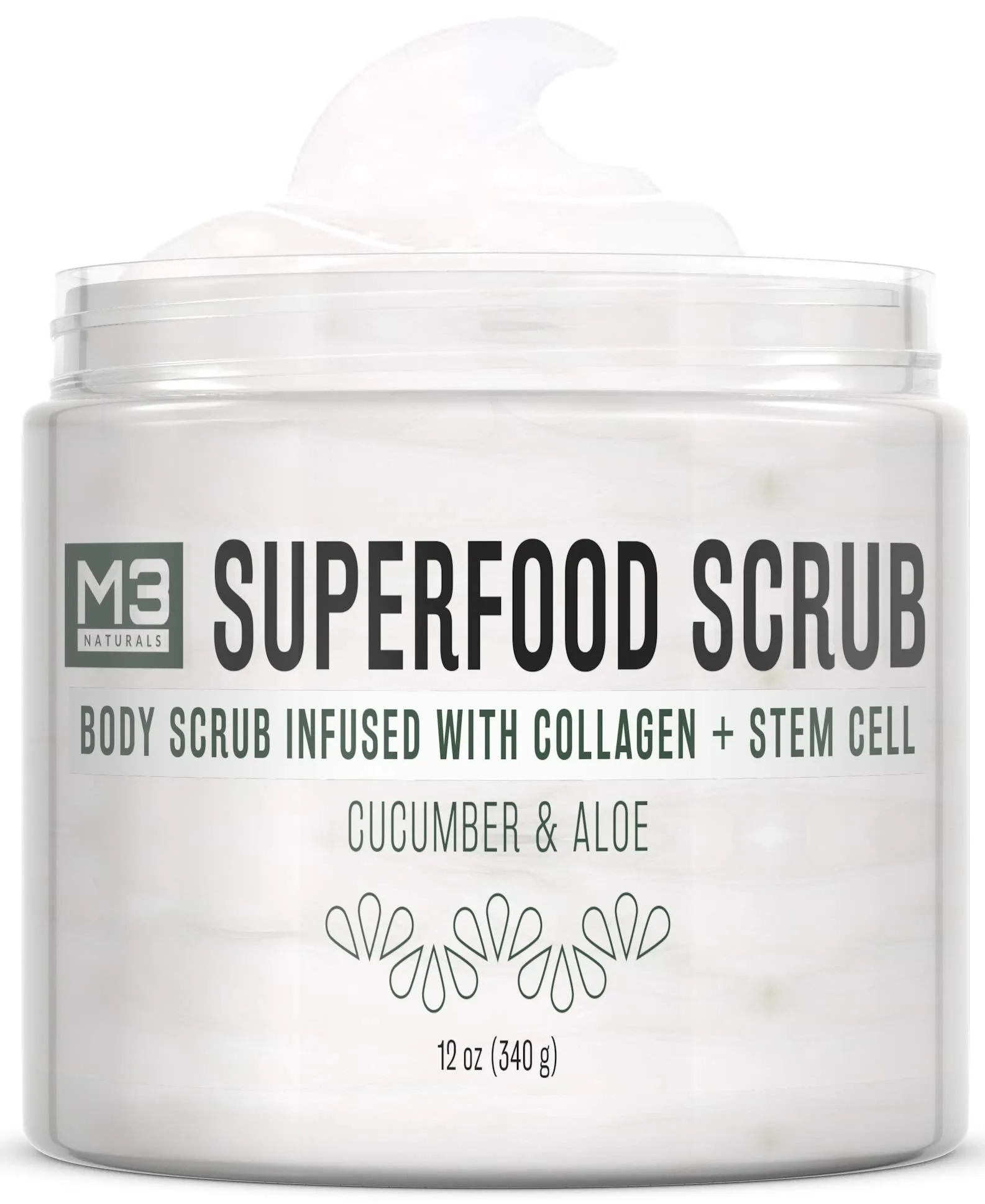 M3 Naturals Superfood Body Scrub with Collagen Stem Cell Exfoliating Face Scrub Body Exfoliator Fight Cellulite Fine-Lines Stretch Marks Spider Veins for Men Women Cucumber Aloe 12 oz