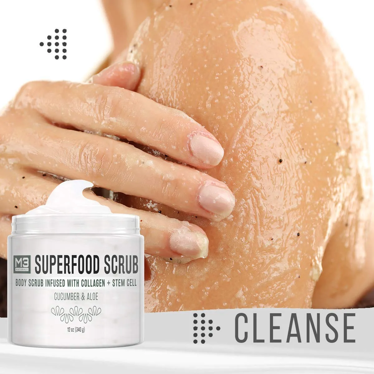 M3 Naturals Superfood Body Scrub with Collagen Stem Cell Exfoliating Face Scrub Body Exfoliator Fight Cellulite Fine-Lines Stretch Marks Spider Veins for Men Women Cucumber Aloe 12 oz