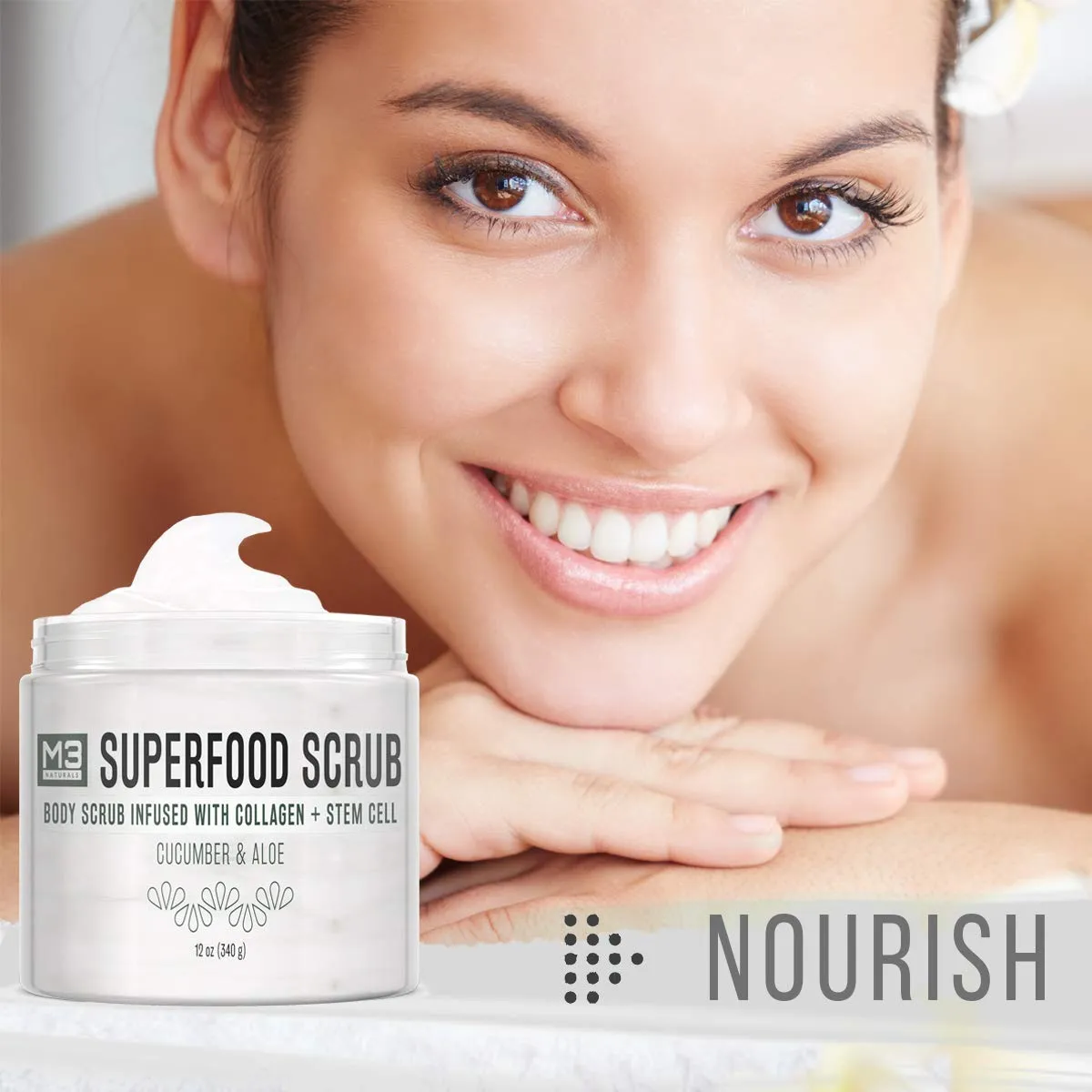 M3 Naturals Superfood Body Scrub with Collagen Stem Cell Exfoliating Face Scrub Body Exfoliator Fight Cellulite Fine-Lines Stretch Marks Spider Veins for Men Women Cucumber Aloe 12 oz