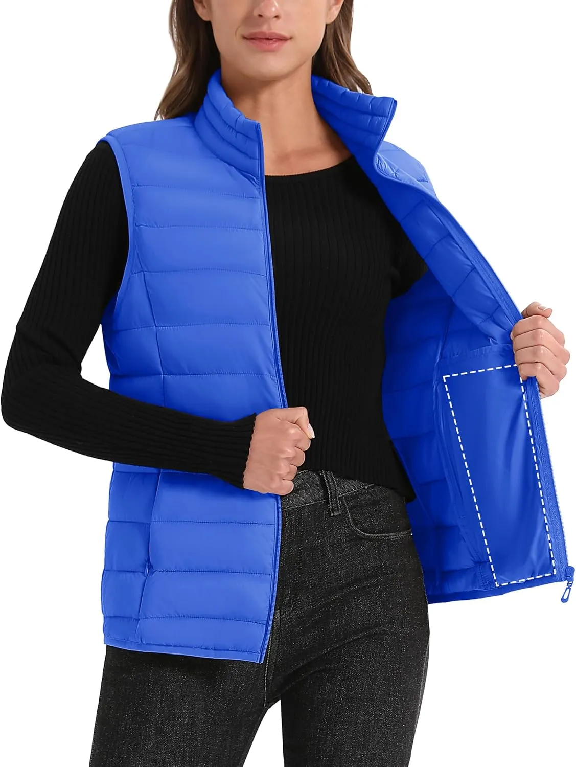 MAGCOMSEN Women's Puffer Vest Lightweight Stand Collar Zip 4 Pockets Puffy Vests Sleeveless Quilted Padded Outerwear