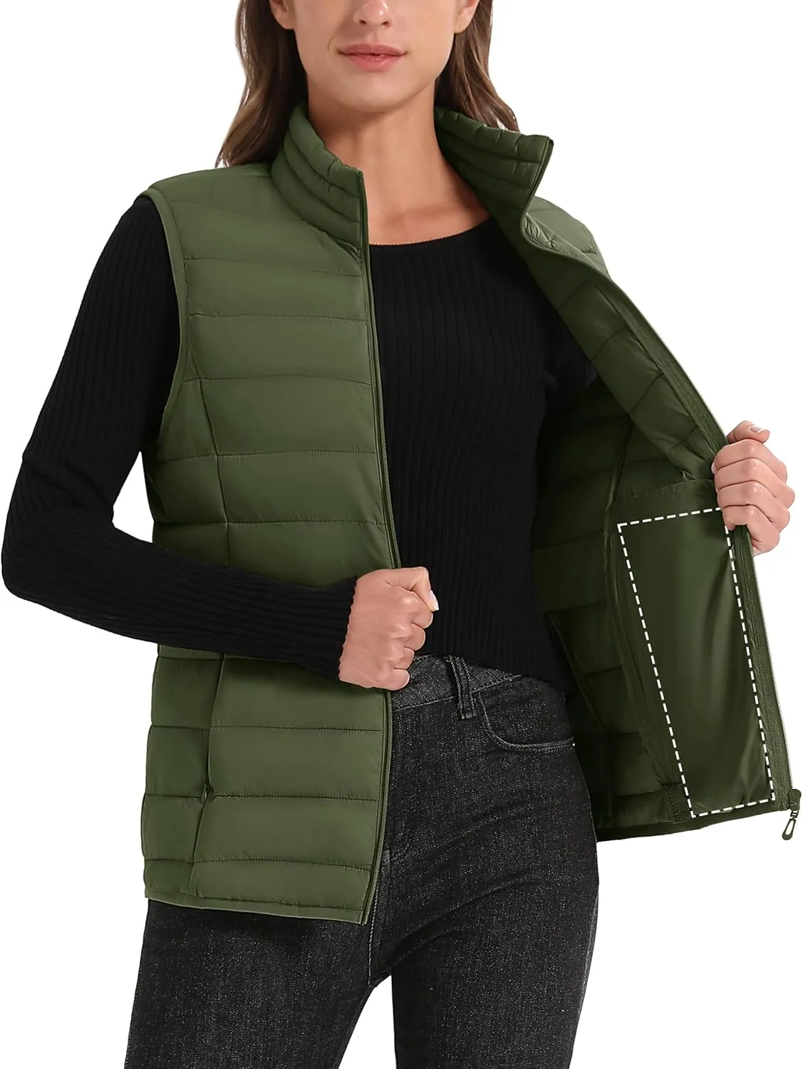 MAGCOMSEN Women's Puffer Vest Lightweight Stand Collar Zip 4 Pockets Puffy Vests Sleeveless Quilted Padded Outerwear