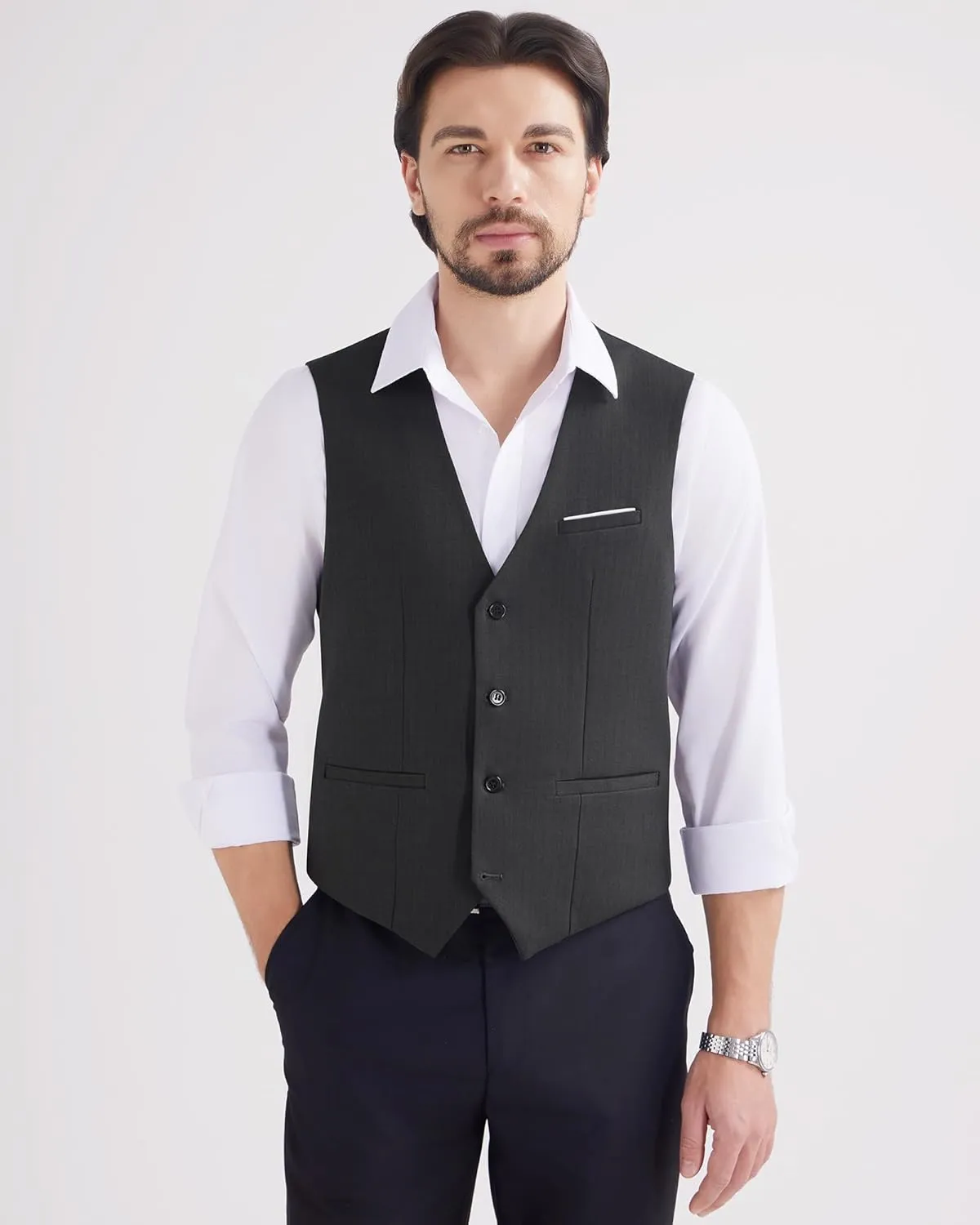 MAGE MALE Men's Suit Vests Herringbone Pinstripe Dress Vest Casual Business Waistcoat Vest