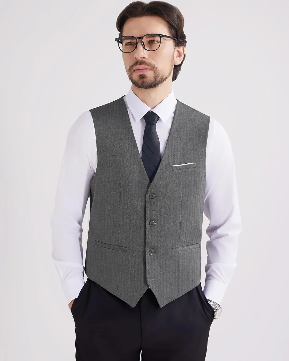MAGE MALE Men's Suit Vests Herringbone Pinstripe Dress Vest Casual Business Waistcoat Vest