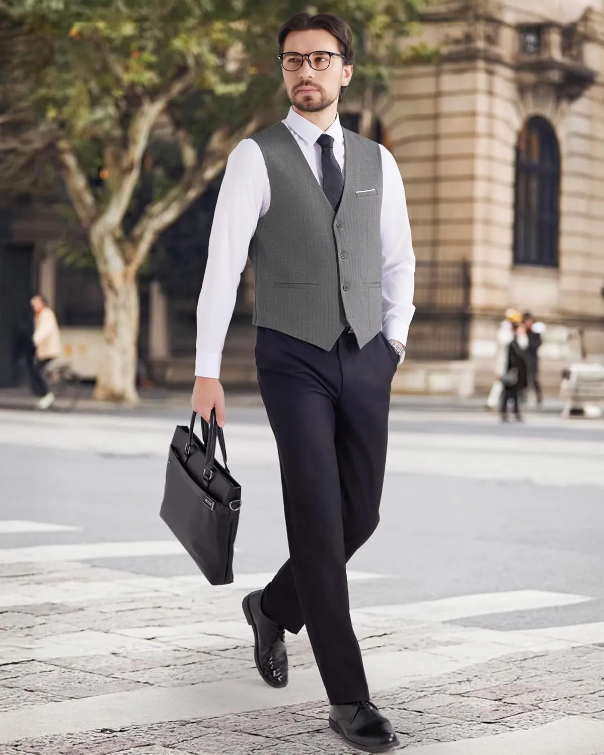 MAGE MALE Men's Suit Vests Herringbone Pinstripe Dress Vest Casual Business Waistcoat Vest