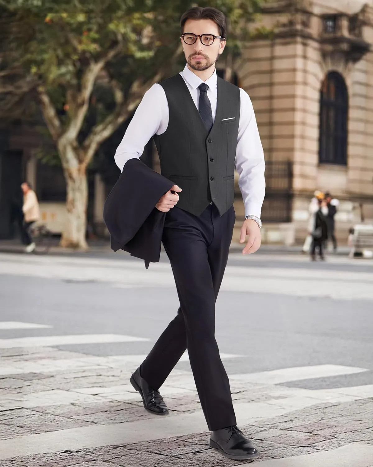 MAGE MALE Men's Suit Vests Herringbone Pinstripe Dress Vest Casual Business Waistcoat Vest