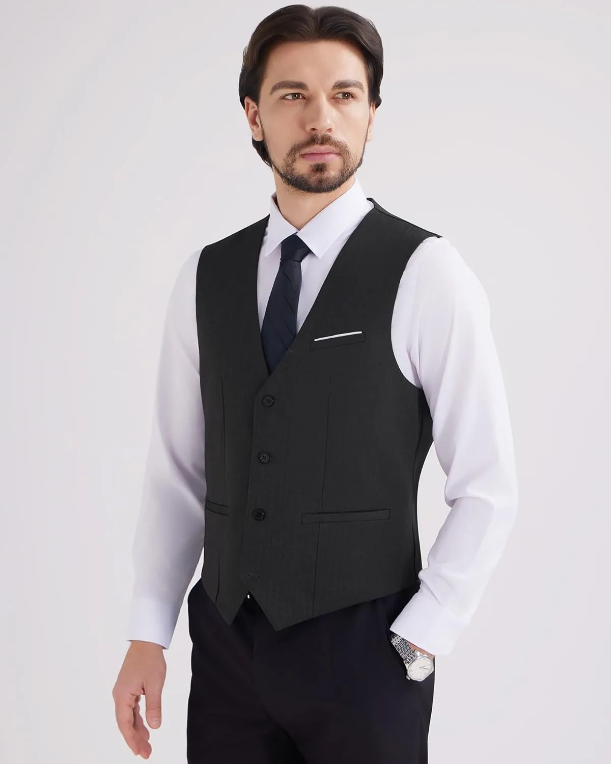 MAGE MALE Men's Suit Vests Herringbone Pinstripe Dress Vest Casual Business Waistcoat Vest
