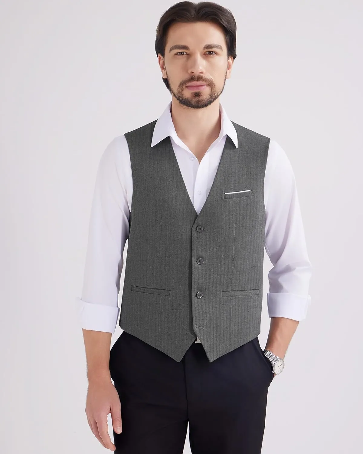 MAGE MALE Men's Suit Vests Herringbone Pinstripe Dress Vest Casual Business Waistcoat Vest