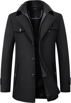 Maiyifu-GJ Men Layered Collar Wool Blend Jacket Military Single Breasted Pea Coat Thick Stylish Quilted Lined Trench Overcoat