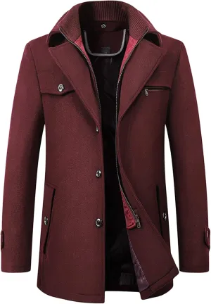 Maiyifu-GJ Men Layered Collar Wool Blend Jacket Military Single Breasted Pea Coat Thick Stylish Quilted Lined Trench Overcoat