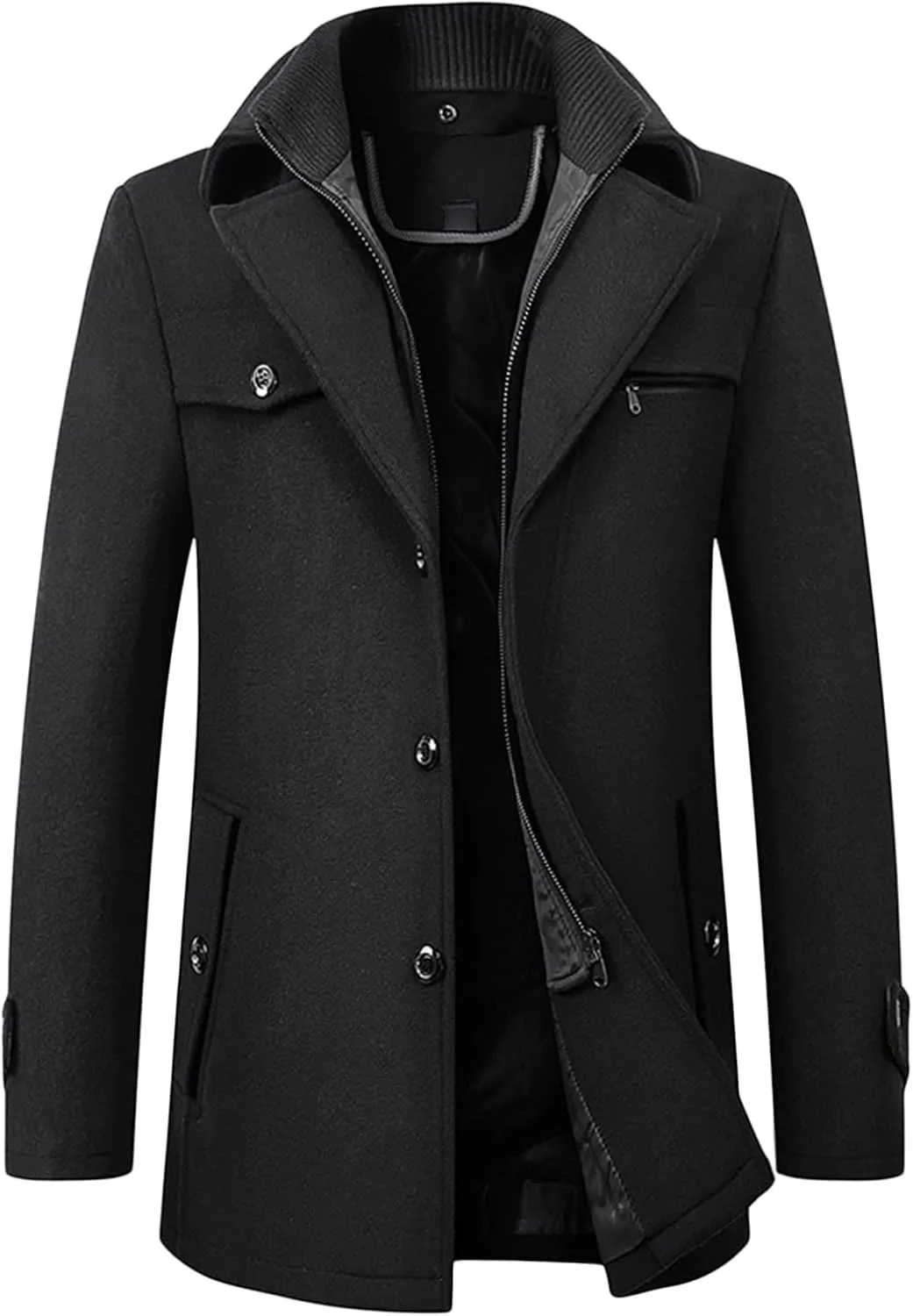 Maiyifu-GJ Men Layered Collar Wool Blend Jacket Military Single Breasted Pea Coat Thick Stylish Quilted Lined Trench Overcoat
