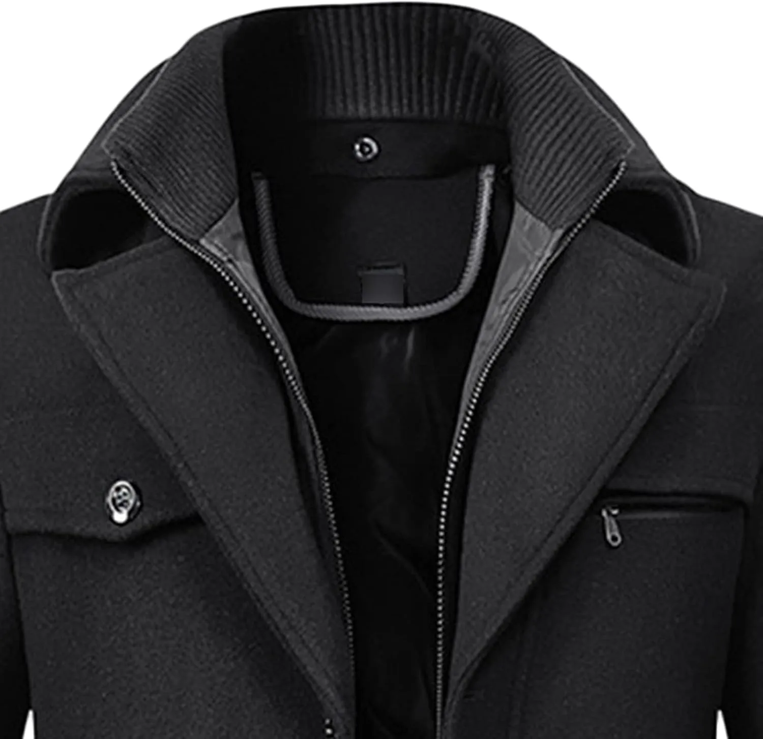 Maiyifu-GJ Men Layered Collar Wool Blend Jacket Military Single Breasted Pea Coat Thick Stylish Quilted Lined Trench Overcoat
