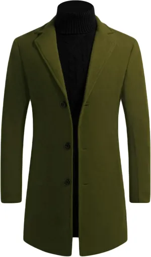 Maiyifu-GJ Mens Wool Blend Trench Coat Mid-Length Notched Collar Long Top Pea Coats Business Single Breasted Jacket Overcoat
