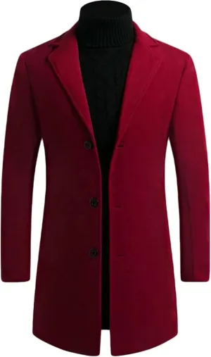 Maiyifu-GJ Mens Wool Blend Trench Coat Mid-Length Notched Collar Long Top Pea Coats Business Single Breasted Jacket Overcoat
