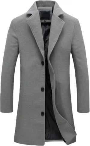 Maiyifu-GJ Men's Wool Blend Trench Coat Single Breasted Business Long Pea Coats Lightweight Notched Lapel Overcoat Jacket