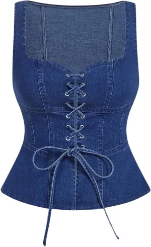 MakeMeChic Women's Denim Vest Tie Front Sleeveless Fitted Y2K Jean Vests Tank Top