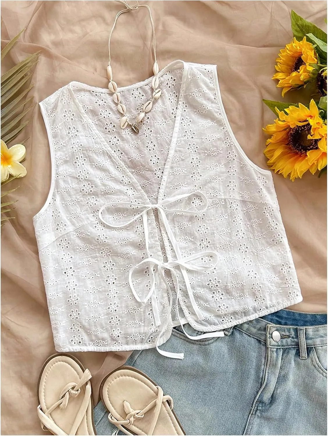 MakeMeChic Women's Floral Print Tie Front Vest Outerwear Sleeveless V Neck Boho Vests