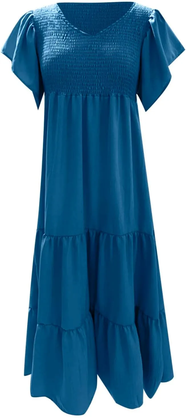 Maternity Summer Short Sleeve Loose Swing Dress Solid Color Elastic Long Skirt of Dresses Plus
