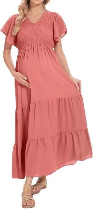 Maternity Summer Short Sleeve Loose Swing Dress Solid Color Elastic Long Skirt of Dresses Plus