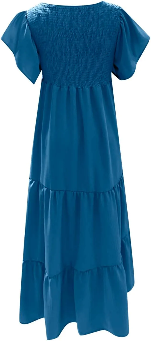 Maternity Summer Short Sleeve Loose Swing Dress Solid Color Elastic Long Skirt of Dresses Plus