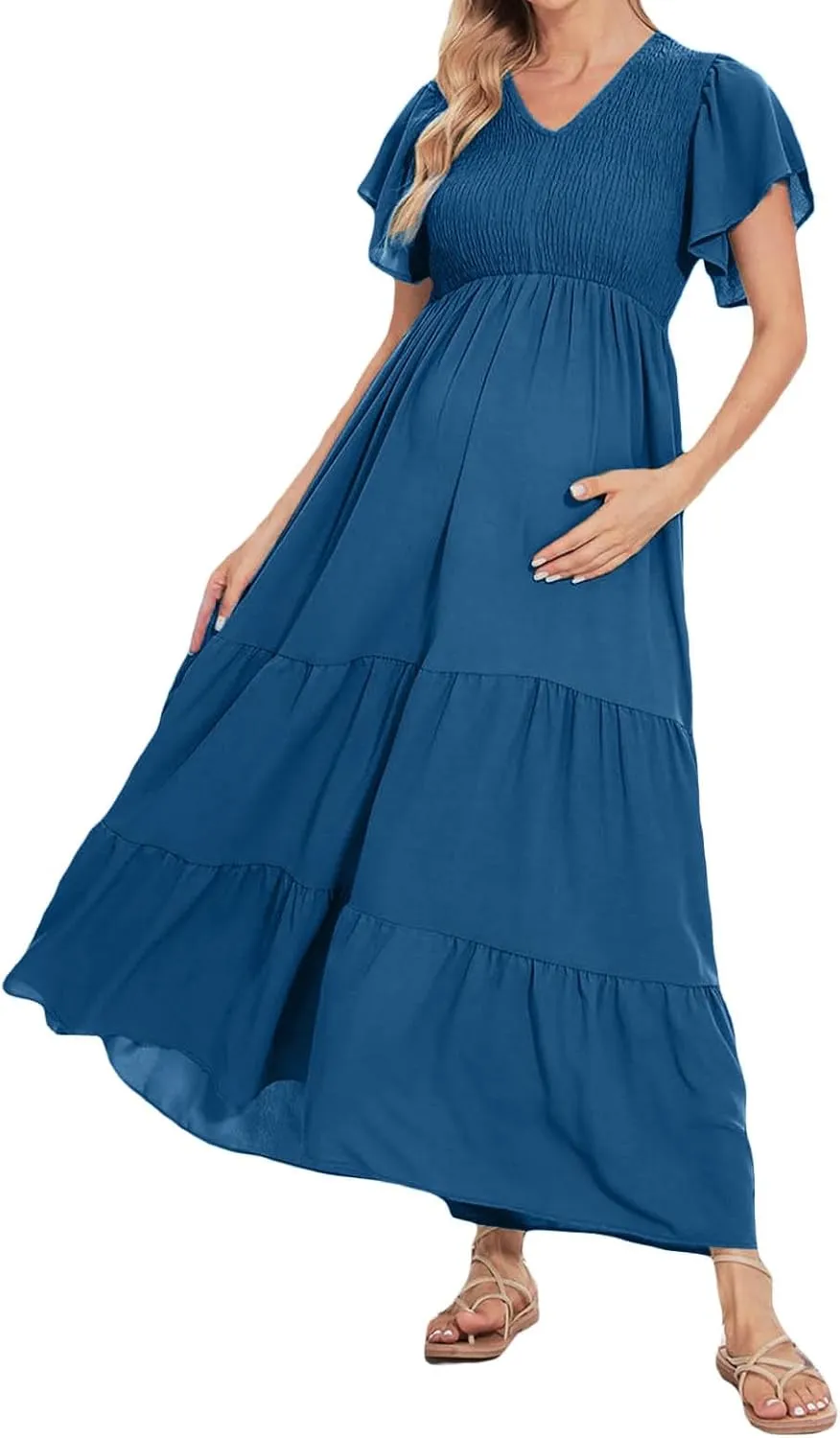 Maternity Summer Short Sleeve Loose Swing Dress Solid Color Elastic Long Skirt of Dresses Plus