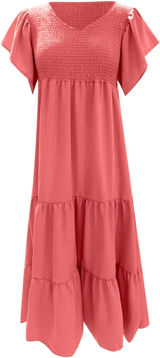 Maternity Summer Short Sleeve Loose Swing Dress Solid Color Elastic Long Skirt of Dresses Plus