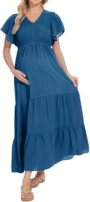 Maternity Summer Short Sleeve Loose Swing Dress Solid Color Elastic Long Skirt of Dresses Plus