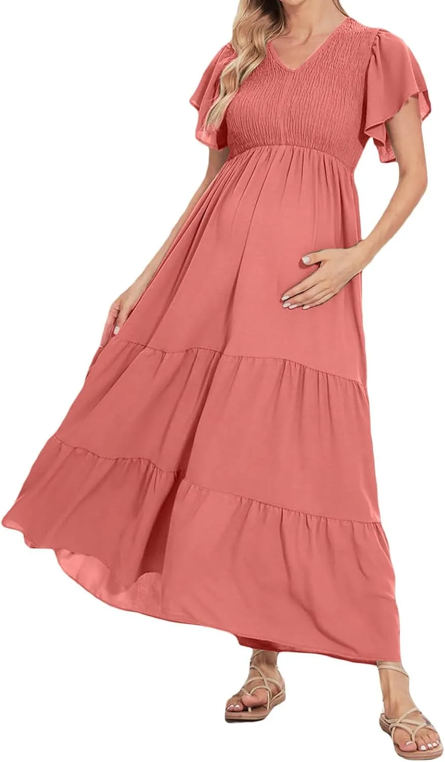 Maternity Summer Short Sleeve Loose Swing Dress Solid Color Elastic Long Skirt of Dresses Plus