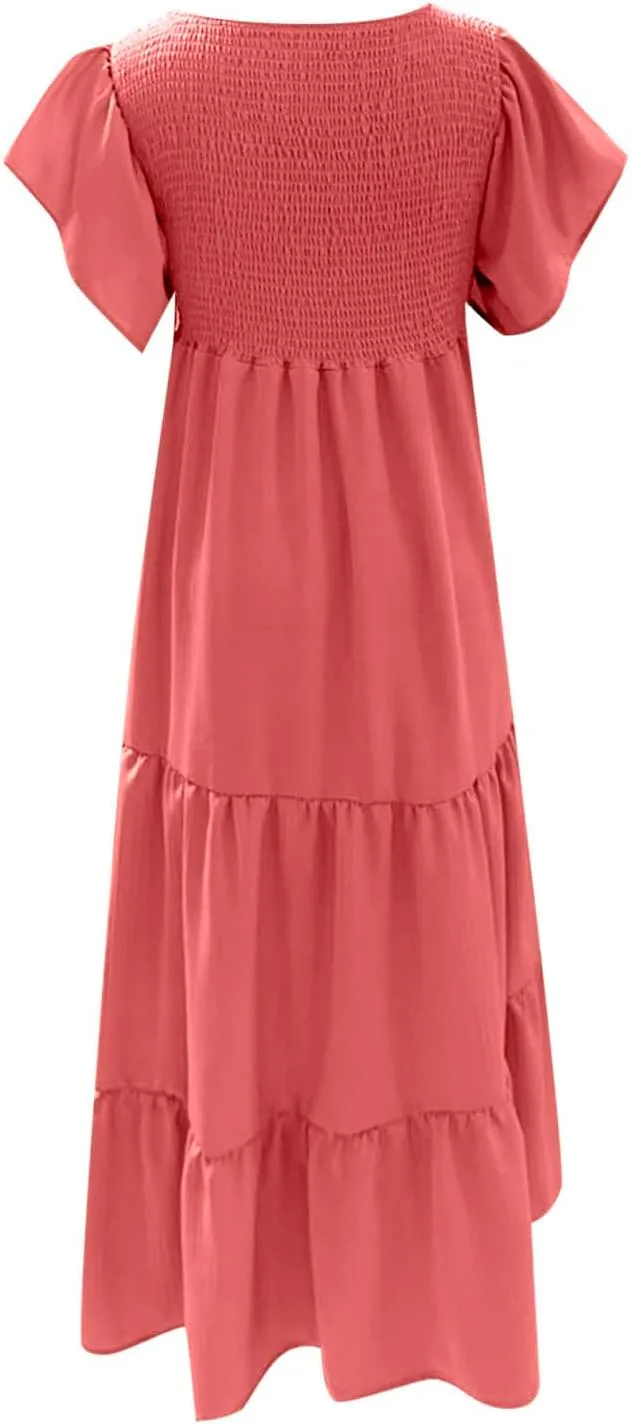 Maternity Summer Short Sleeve Loose Swing Dress Solid Color Elastic Long Skirt of Dresses Plus