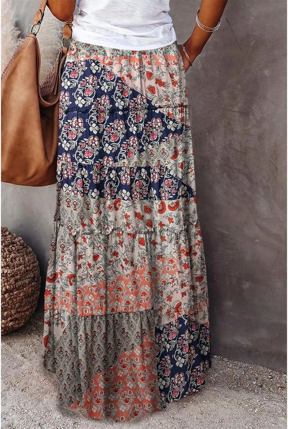 Maxi Skirts for Women 2025 Summer Beach Boho Casual High Waist Tie Paisley Print Tiered Long Skirt with Pockets