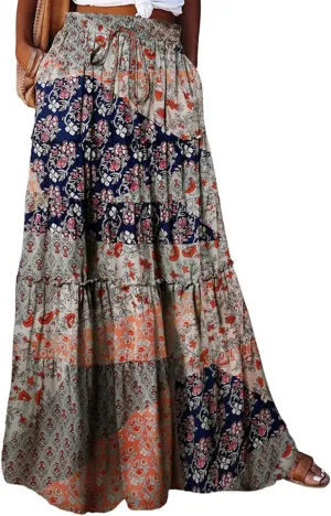 Maxi Skirts for Women 2025 Summer Beach Boho Casual High Waist Tie Paisley Print Tiered Long Skirt with Pockets