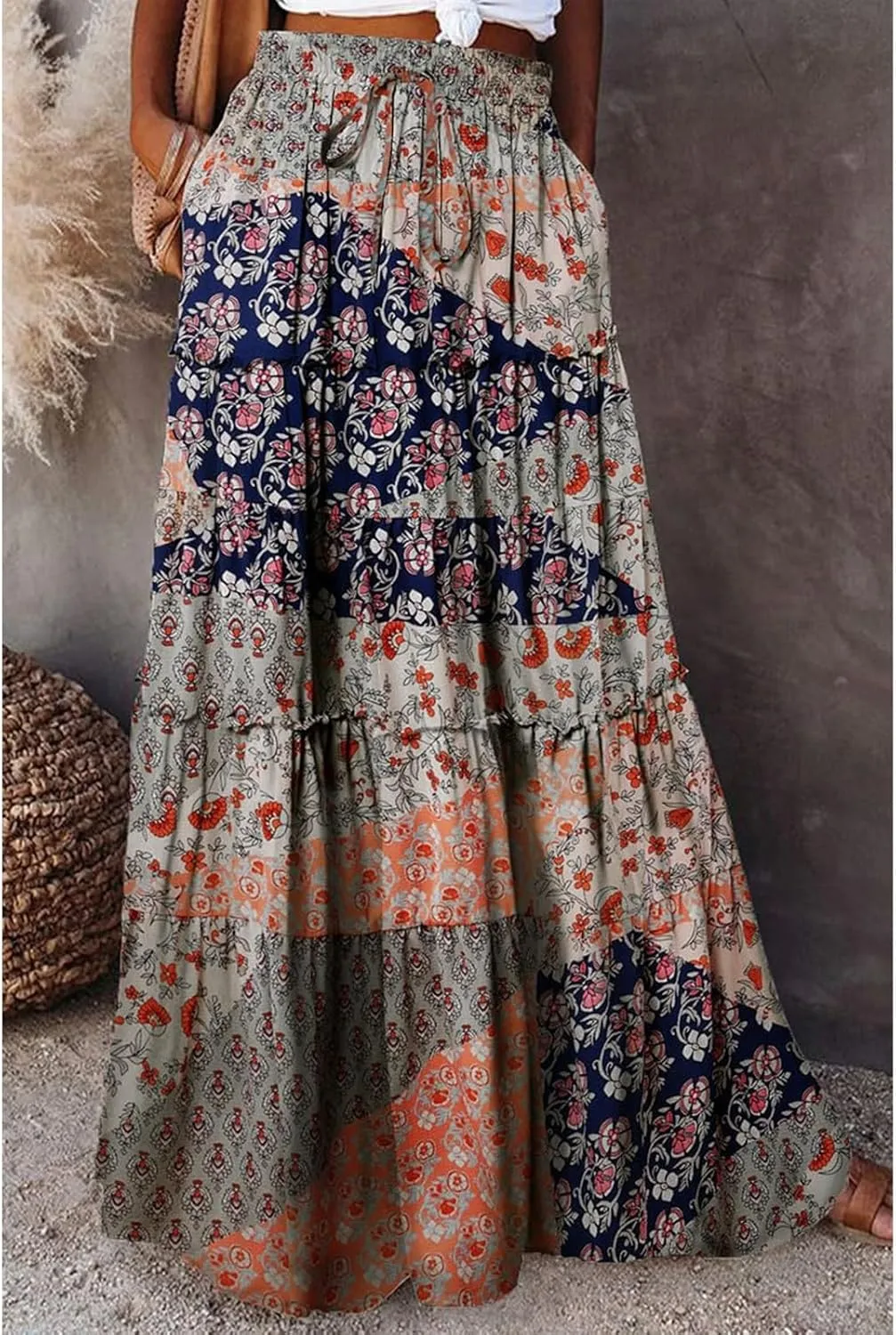 Maxi Skirts for Women 2025 Summer Beach Boho Casual High Waist Tie Paisley Print Tiered Long Skirt with Pockets