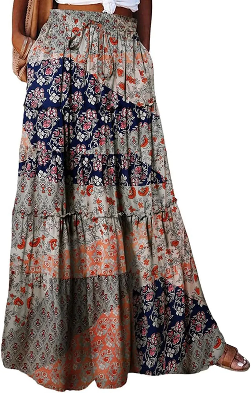 Maxi Skirts for Women 2025 Summer Beach Boho Casual High Waist Tie Paisley Print Tiered Long Skirt with Pockets