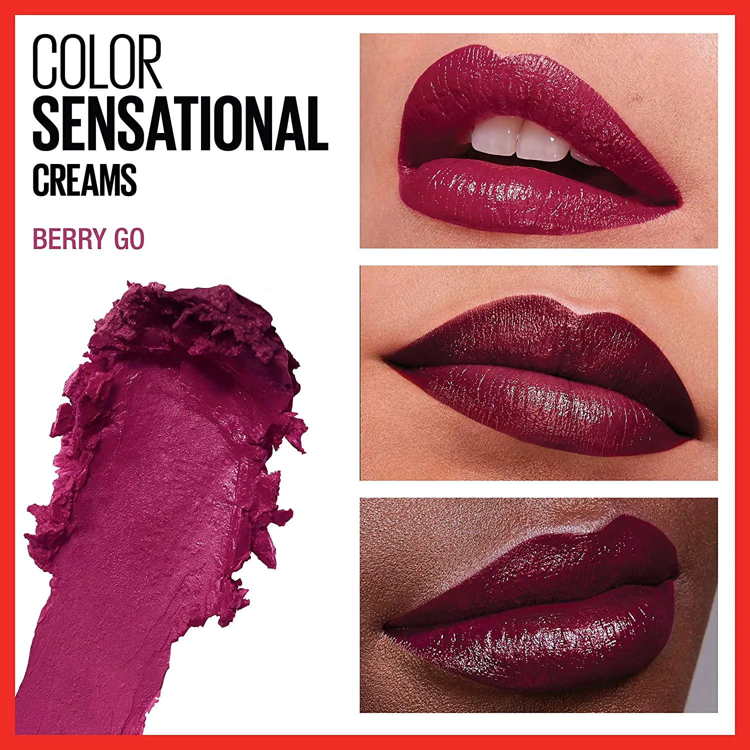 Maybelline Color Sensational Lipstick, Lip Makeup, Cream Finish, Hydrating Lipstick, Nude, Pink, Red, Plum Lip Color, Berry Go, 0.15 oz; (Packaging May Vary)
