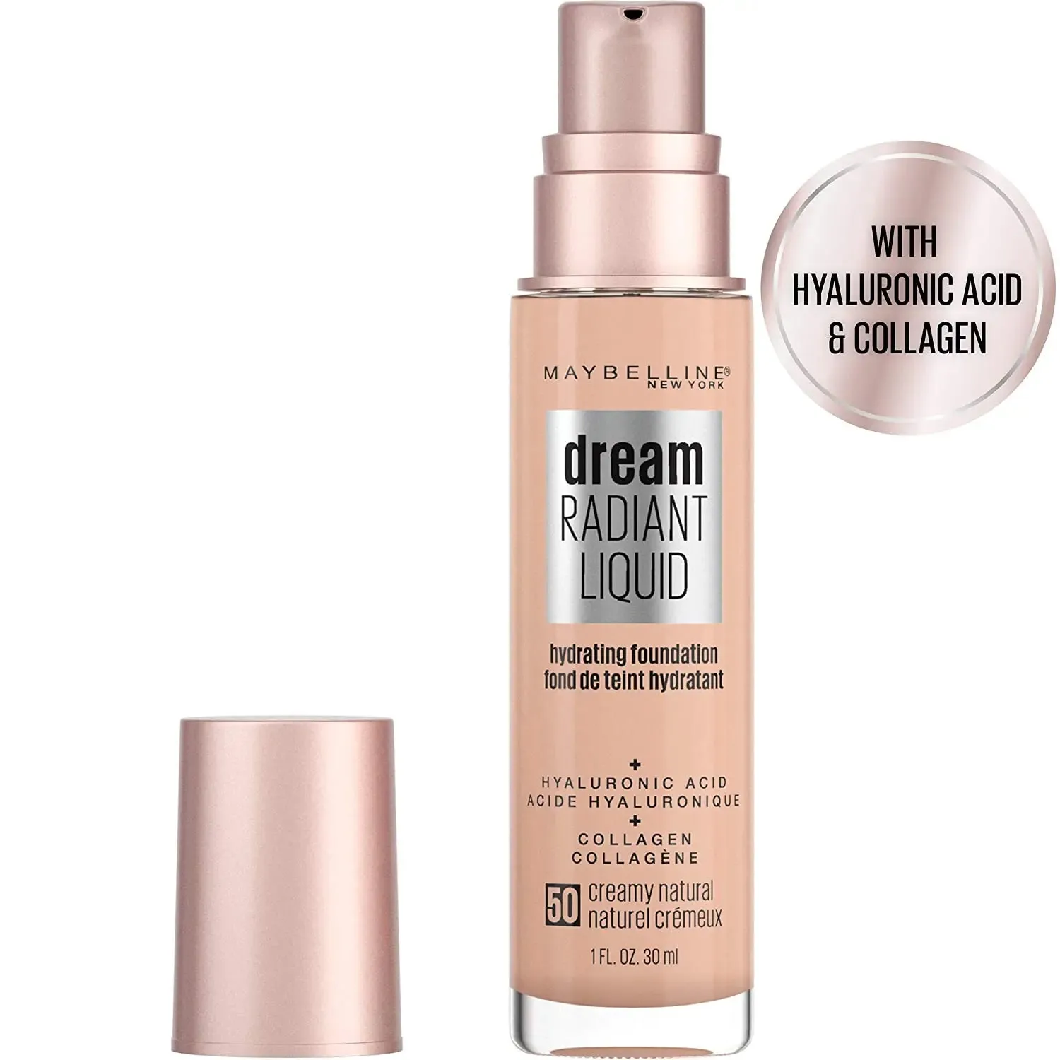 Maybelline Dream Radiant Liquid Medium Coverage Hydrating Makeup, Lightweight Liquid Foundation, Creamy Natural, 1 Fl; Oz