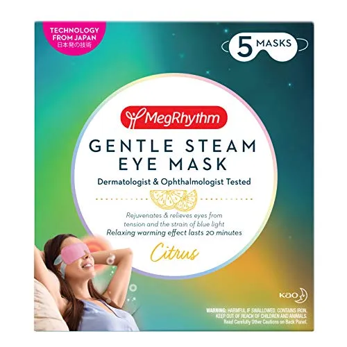 MegRhythm by Kao Gentle Steam Eye Mask, Citrus, Soothing Steam Eye Mask, Rejuvenates Eyes, Reduces Tension, 5 Count, Dermatologist and Ophthalmologist Tested