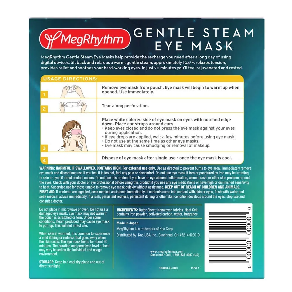 MegRhythm by Kao Gentle Steam Eye Mask, Citrus, Soothing Steam Eye Mask, Rejuvenates Eyes, Reduces Tension, 5 Count, Dermatologist and Ophthalmologist Tested