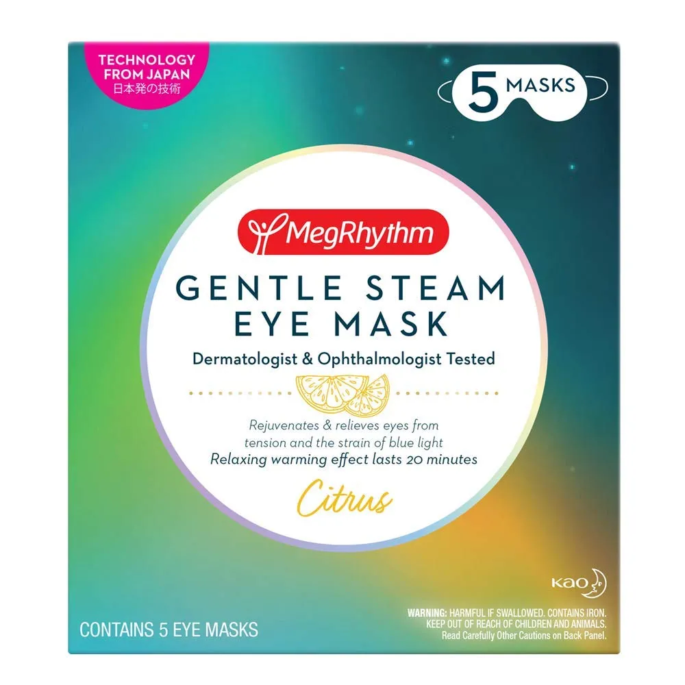 MegRhythm by Kao Gentle Steam Eye Mask, Citrus, Soothing Steam Eye Mask, Rejuvenates Eyes, Reduces Tension, 5 Count, Dermatologist and Ophthalmologist Tested