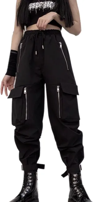MEINVQIAOTI Black Cargo Pants Women Loose Chained Pants Multi-Pocket Multi-Zip Punk Goth Pants